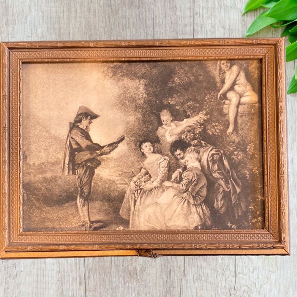 ANTIQUE VICTORIAN SCENE JEWELRY VANITY BOX GLASS TOP MIRRORED LID 1920’s